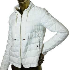 Herno Women's White Down Linen Quilted Ruffle Jacket
